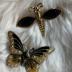 Two Pins Vintage-Inspired Gold & Black Butterfly and Dragonfly Brooches Set